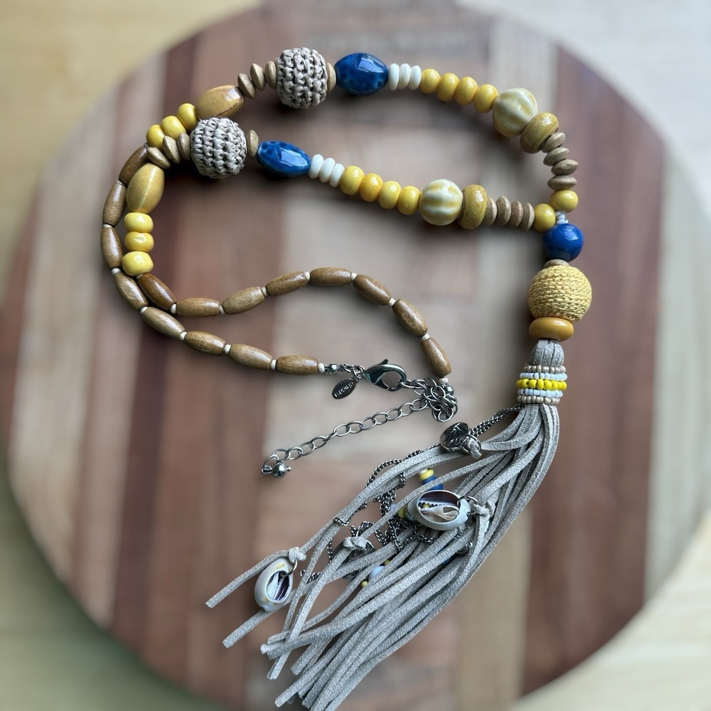 Chico's Lariat Necklace 26 Inch Wood Ceramic Bead Tassel Yellow Blue EUC Earthy